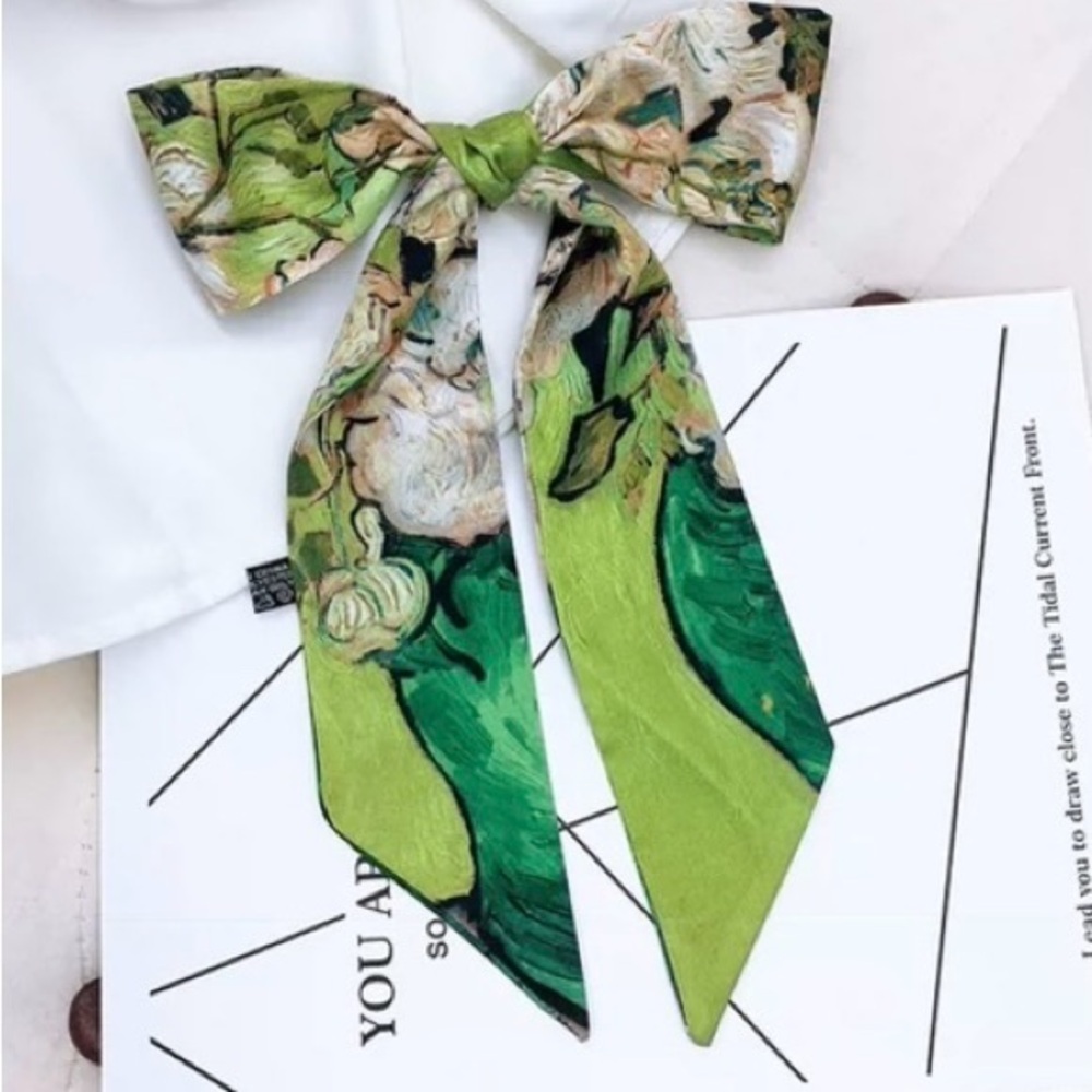 Summer Retro Hair Tied Oil Painting Long Silk Scarf Band Braided Chiffon new